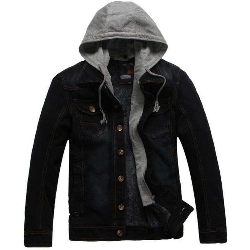 

Denim jacket men's casual slim jeans hooded coat jacket thick denim men's, Black