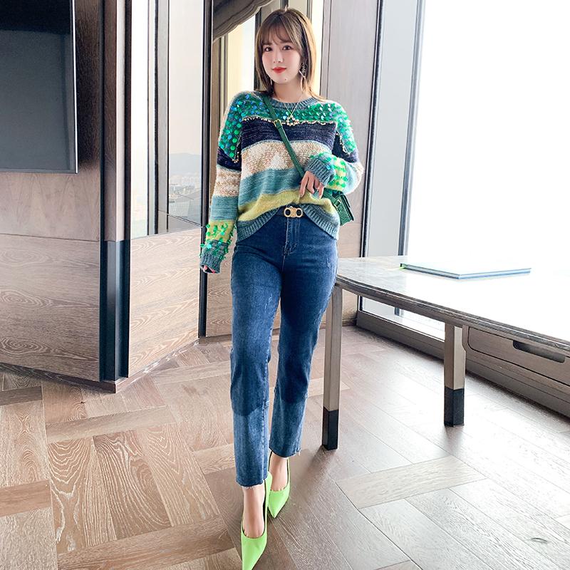 

Sequin stripe contrast knitted sweater+Two piece straight jeans for women Plus sizes large size High Quality Top Quality, Green