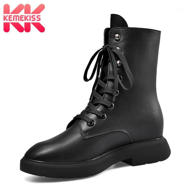 

KemeKiss Real Leather Black Casual Women Ankle Boots Fashion Round Toe Dance Flat Botas Cross-Tied Female Footwear Size 34-391