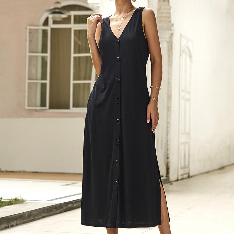 

Summer Women Vintage Casual vestidos 2019 festa Solid color single-breasted button Split long dress lady Beach maxi dresses1, Black