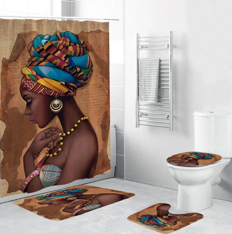 

African American Women Shower Curtains Polyester Waterproof Afro Bathroom Curtain Set Anti-skid Rugs Toilet Lid Cover Bath Mat1