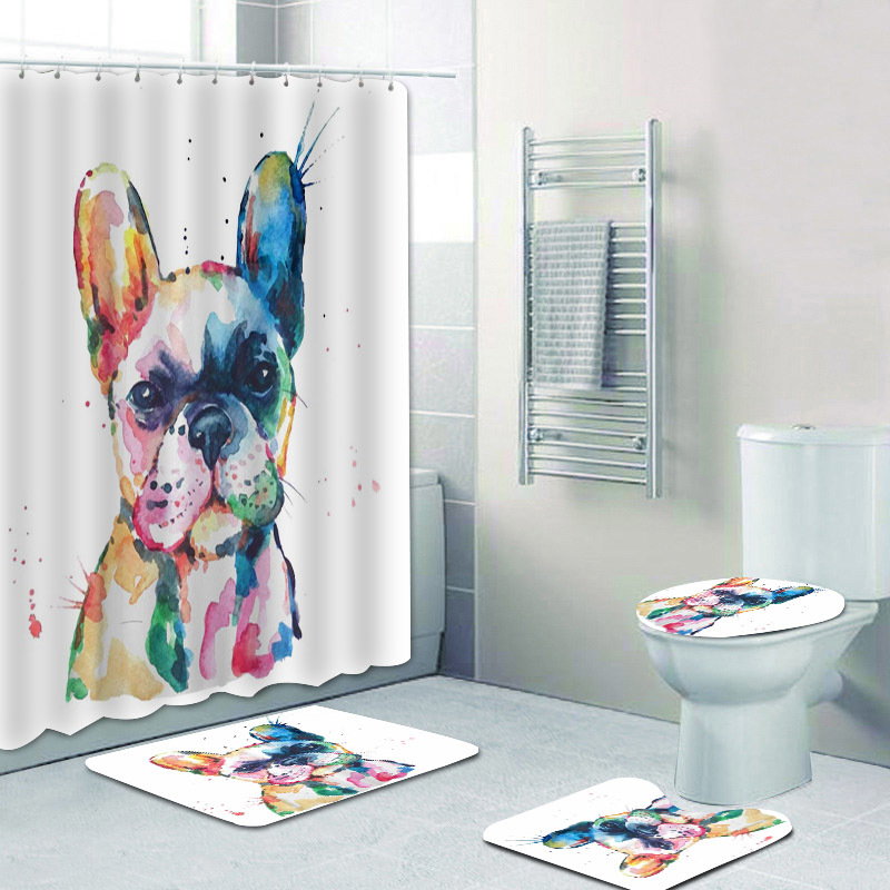 

Cool Watercolor Painting French Bulldog Bathroom Curtain Frenchie Shower Curtains for Bathtub Toilet Cover Mat Carpet Home Decor X1018