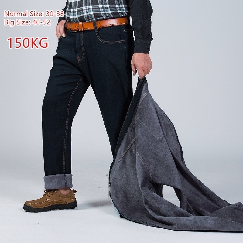 

150KG Warm Jeans Thicken Black Men Elastic High Waist Man Winter Trousers Big Size 44 46 48 50 52 Classic Denim Fleece Pant 201123