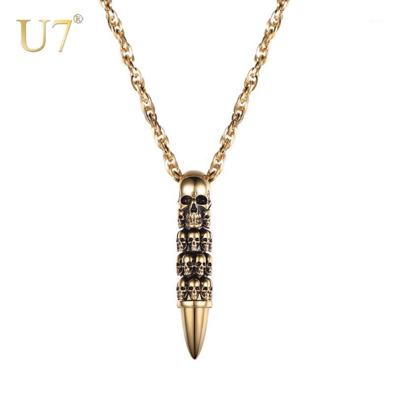 

U7 Skull Necklace for Men Punk Rock Biker Stainless Steel Jewelry Choker Accessories with 55cm Water-wave Chain P11211