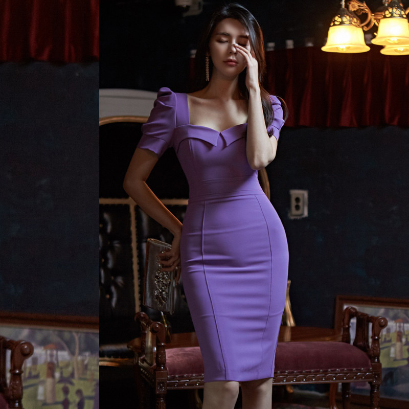 

2021 New Korean Summer Sexy Hem Square Collar Elegant Knee Length Dressed Purple Goddess Party Dress O9LV