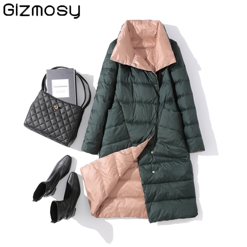 

Gizmosy Women Double Sided Down Jacket Winter Turtleneck White Duck Down Coat Double Breasted Warm Padded Parkas Snow Long coat 201208, Light blue