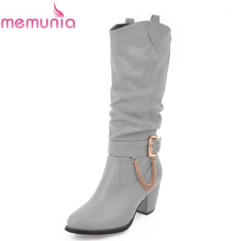 

MEMUNIA new arrival 2020 mid calf boots slip on round toe thick heels boots with metal decoration long drop shipping1, Black