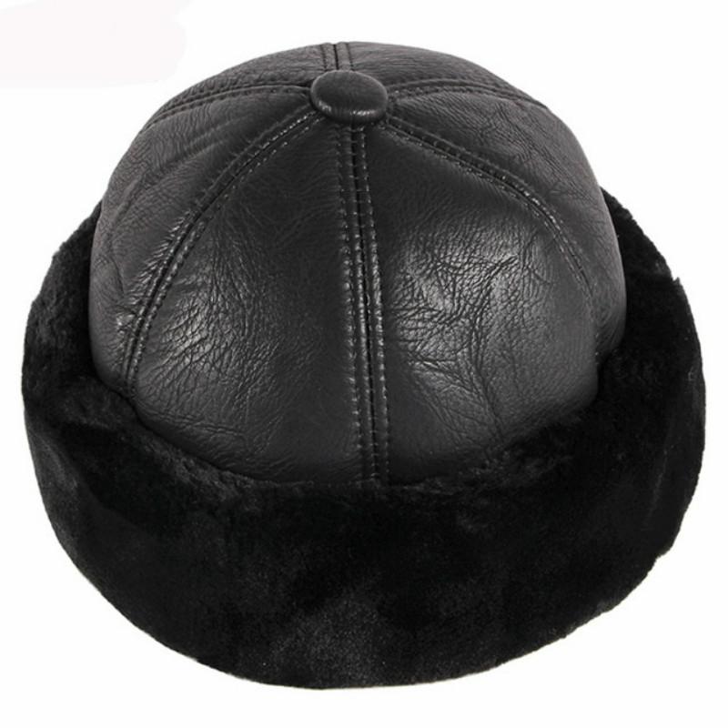 

Thick Warm Winter Hat Men Black Fur Leather Russian Hat Male Windproof Snow Ski Russian Cap Fleece Lined Dad