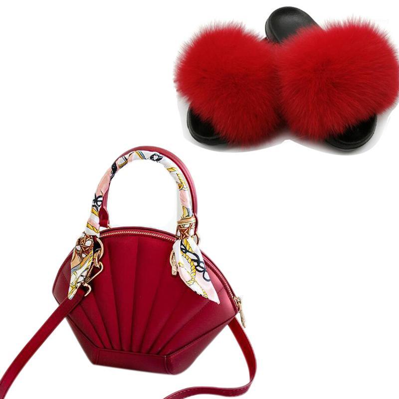 

Women Summer Real Fur Slides Fashion Shell Bags Fluffy Fur Slippers Jelly Bag Shoes Bag Set Slippers Plush Slides1