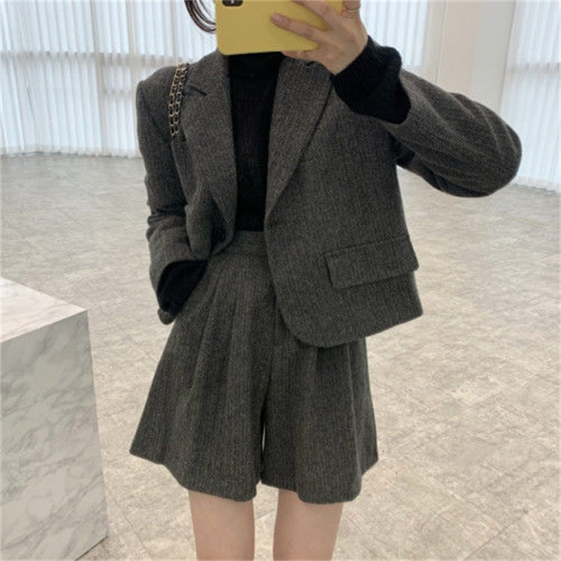 

2021 High quality Spring Chic Little Temperament High-waisted High-leg Suit Women's Clothes Two-piece 2AYG, Dark grey