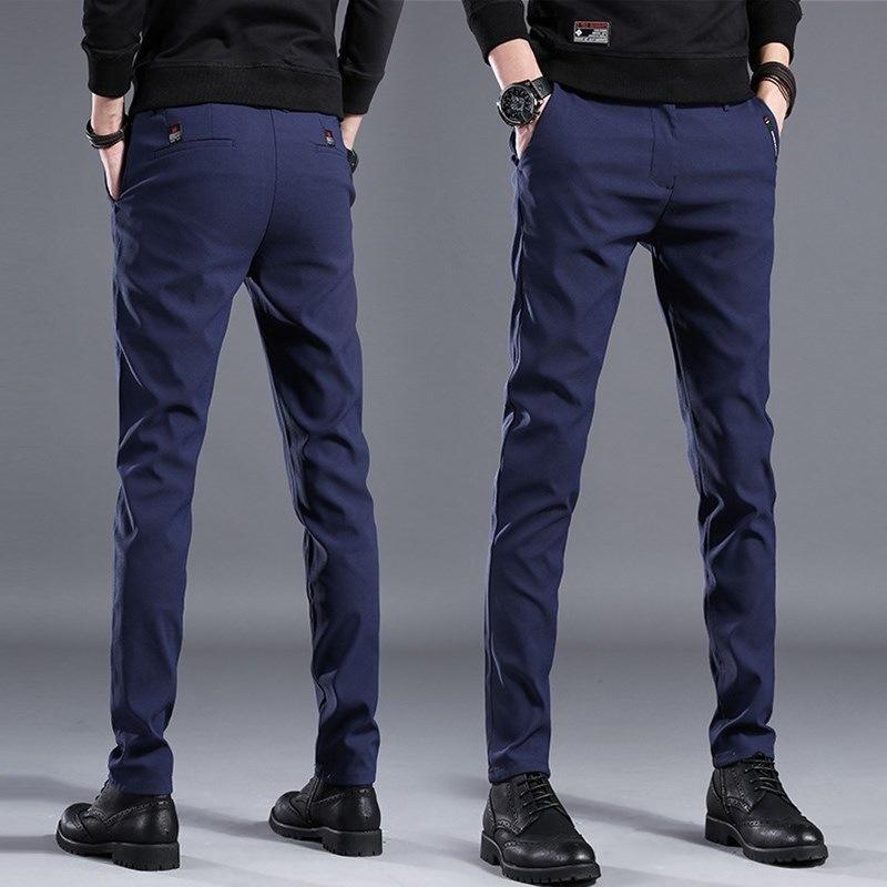 

Pants Men Casual Elastic Long Trousers Male Cotton lattice straight gray Work Pant men's Large size 28- men clothing, Blue 829