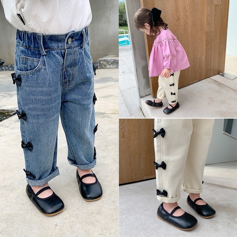 

2020 autumn children clothing girl child bow loose jeans kids elastic waist pants LJ201019, See chart
