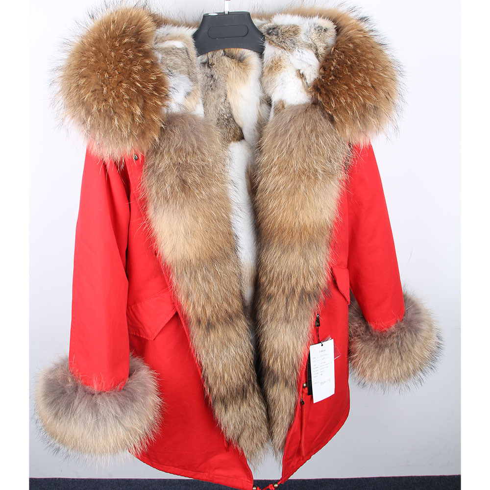 

2021 New Natural Raccoon Fur-lined Collar Royal Rabbit Fur Green Winter Coat Women IFNV, D2-1