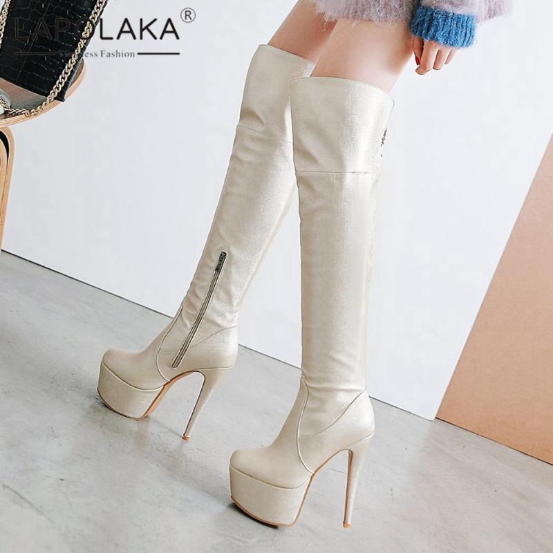 

Lapolaka 2020 New Fashion Plus Size 48 Concise Trendy Boots Women Shoes Sexy Extreme Thin High Heels Fetish Thigh High Boots, Black