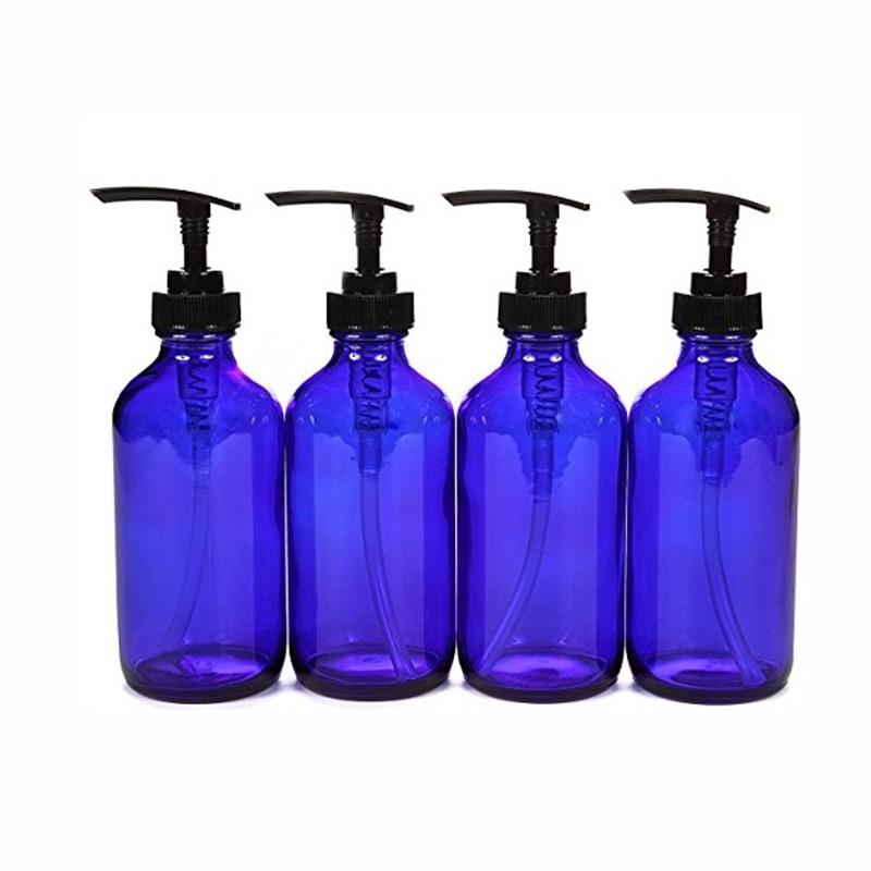 

4, 8 oz, Empty, Cobalt Blue Glass Bottles with Black Lotion Pumpfor Kitchen Bathroom Liquid Soaps Essential oils Lotions 250ml