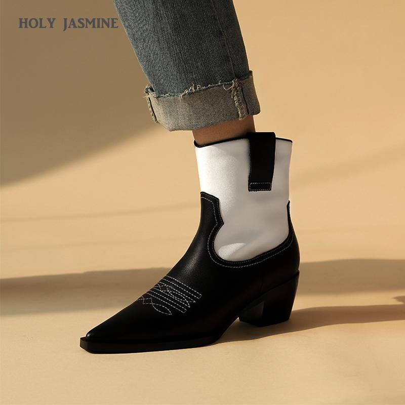 

HOLI JASMINE Genuine Leather Women Boots Spring/Autumn Snake Pattern Knight Ankle Boots for Women Slip-On Wedges High (5cm-8cm, Black