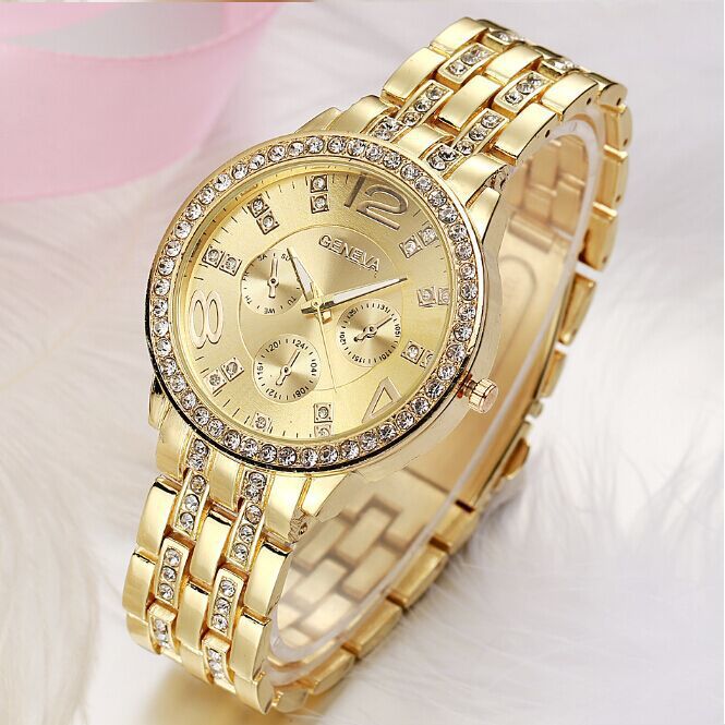 

Newest Mens Geneva Watches Round Gold stainless steel fashion wristwatch for Man women Diamond Quartz watch Crystal men Clock, Leave a message about color