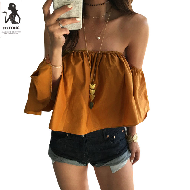 

Feitong Off Shoulder Top Blouse Cropped for Women' Sleeveless Shirt Solid Ruffle Blouse Woman Tops Chemises Femme Camisas Mujer fz0271, Red