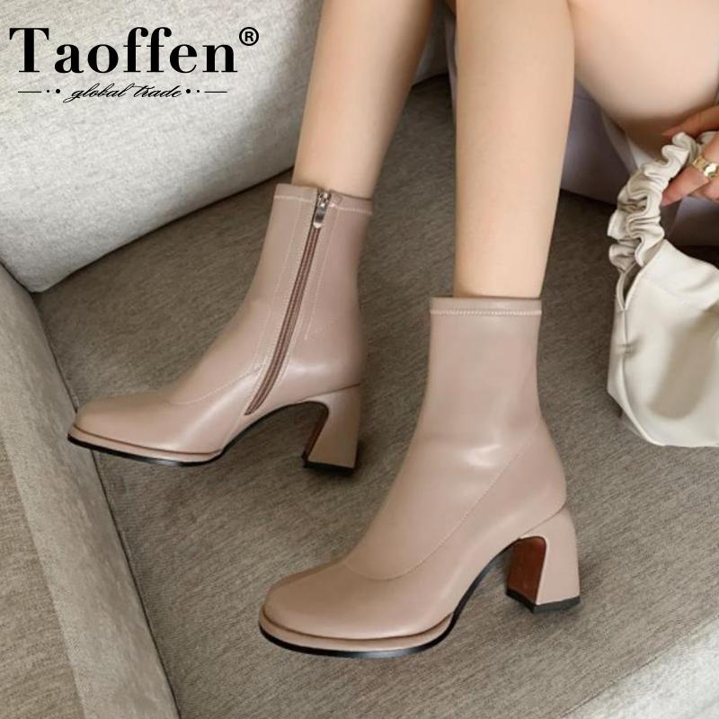 

Taoffen Women Ankle Boots Leather High Heel Shoes Women Sexy Casual Zipper Shoes Warm Winter Footwear Size 34-40, Black