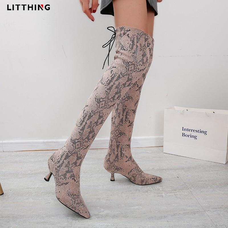 

LITTHING Women Over the Knee Boots Serpentine High Heels Socks Boots Pointed Toe Zipper Thin Heels Winter Shoes Woman