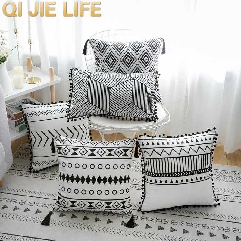 

Simple Decorative Cushion Cover White Black Rectangle Pillow Cover Soft 45x45cm 30x50cm Simple Geometric Pom Pom Ball Fringe1