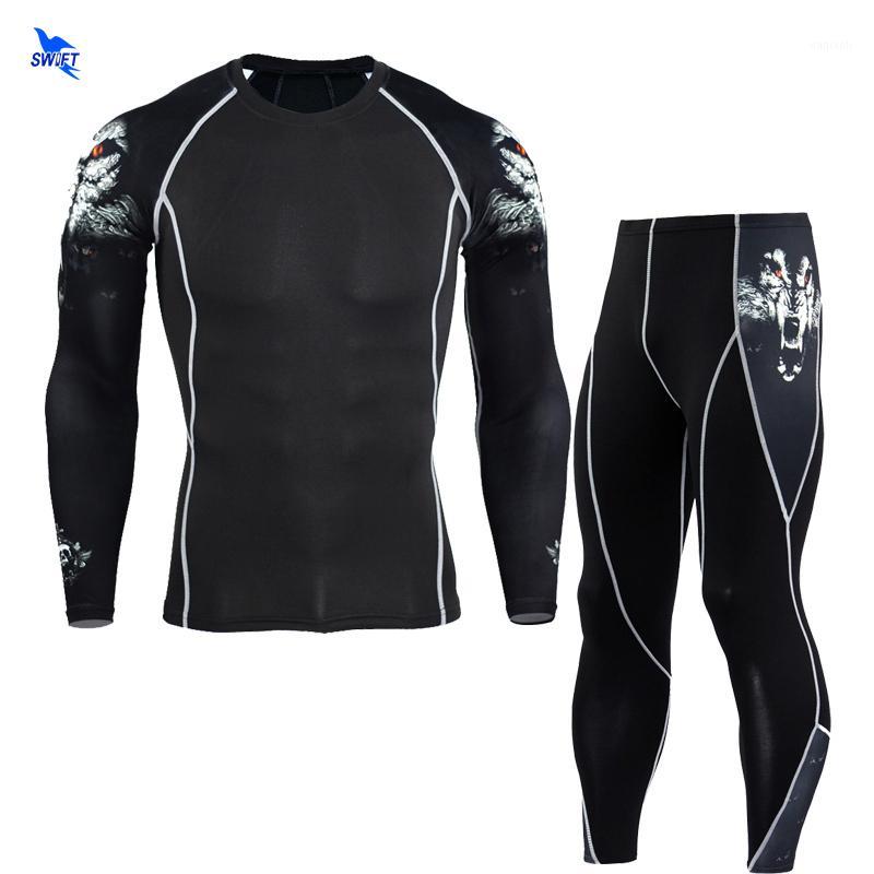 

3D Printed Mens Running Set Compression Long Sleeve Shirts+Leggings 2 Pcs Sports Suit Base Layer Crossfit Fitness Sportswear1, Blue