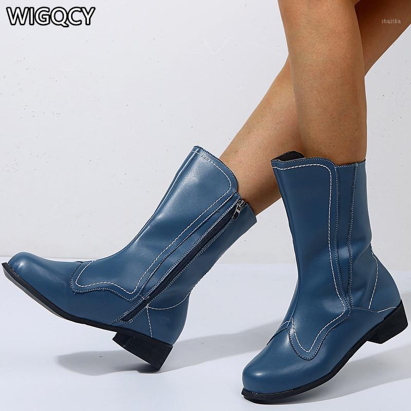 

2020 New Winter Women's Boots Round Head Side Zipper Embroidered Low Heel Women Boots Women's Mujer Calf Square Heel Shoes1, Red