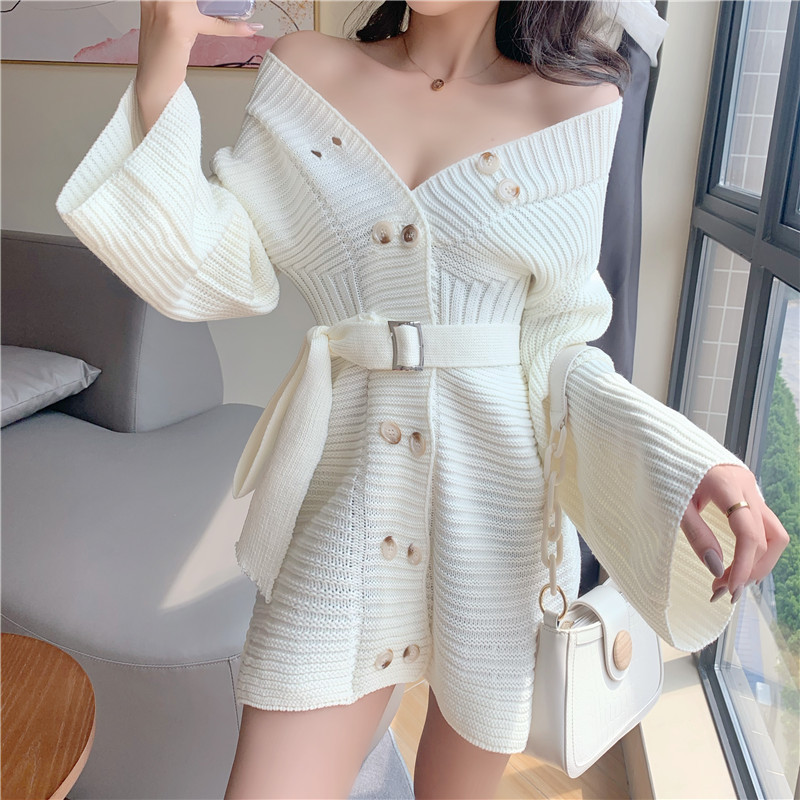 

2021 Autumn Dressed in a New Sleek Nightgown with Double-breasted Waistband Tightly Knit Korean Dress Fashion Enlargement Sleeves Short FERJ, Black