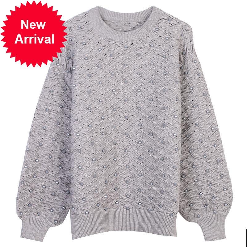 

2021 New Female Winter Long Sleeve Frizzy Neck Check Mesh Pullover Loose Top Oversize Black White Clothes 5vsv, Gray