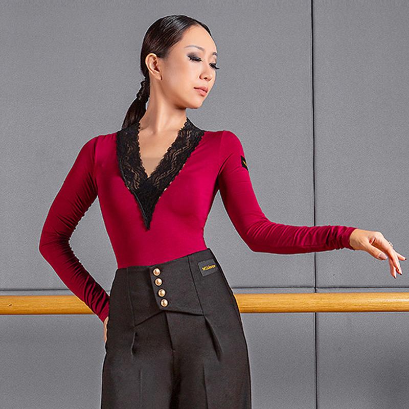 

Latin Dance Tops Women Ballroom Dancing Clothes Bodysuit Lace V Neck Waltz Tango Latin Performance Costume Black Shirt DNV14281