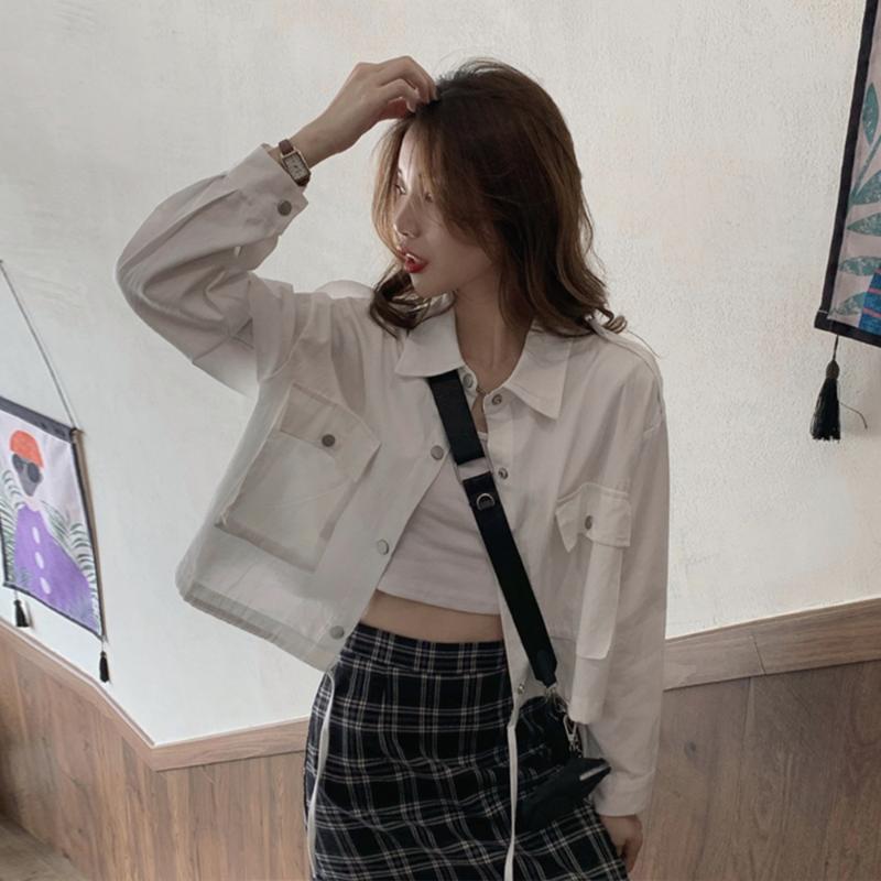 

White Unifrom Coat for Women Spring and Autumn 2020 New Korean Style Loose Crop Top Short-Height Thin Cardigan Fashion, Gray