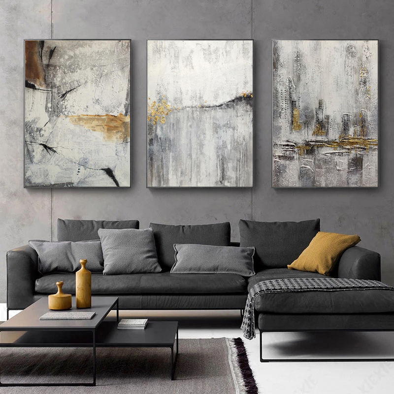 

RELIABLI Abstract Golden Grey Oil Painting on Canvas Prints Wall Painting For Living Room Modern Home Decor Black and White