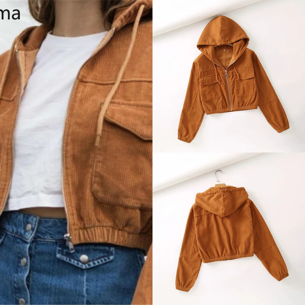 

Korean Nomikuma 2020 Autumn New Women Hooded Sweatshirt High Coat Waist Short Hoodies Jacket Causal Corduroy Hoody Outwear 6B736, Brown