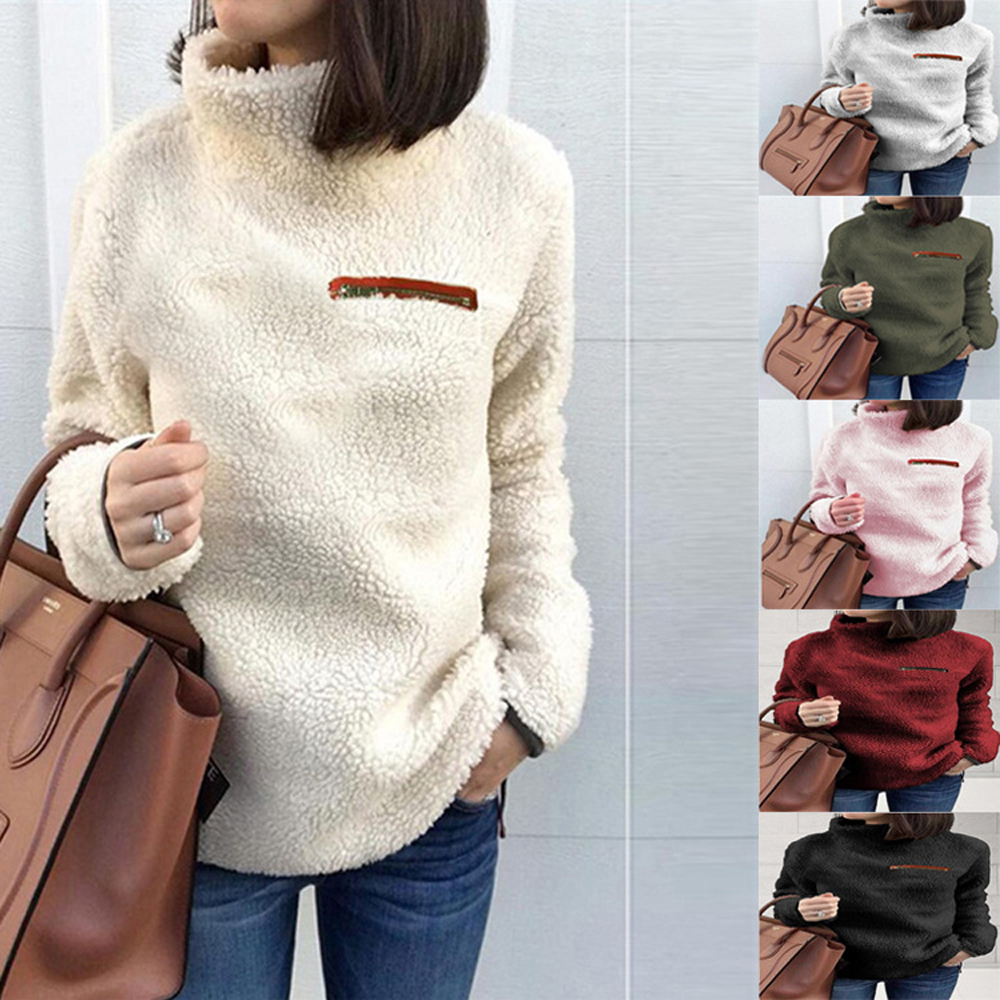 

Februaryfrost Fleece Sweatshirts For Women Autumn Turtleneck Long Sleeve Pullover Coats Female Plush Warm Tunic Clothing Plus Size 5XL, Beige
