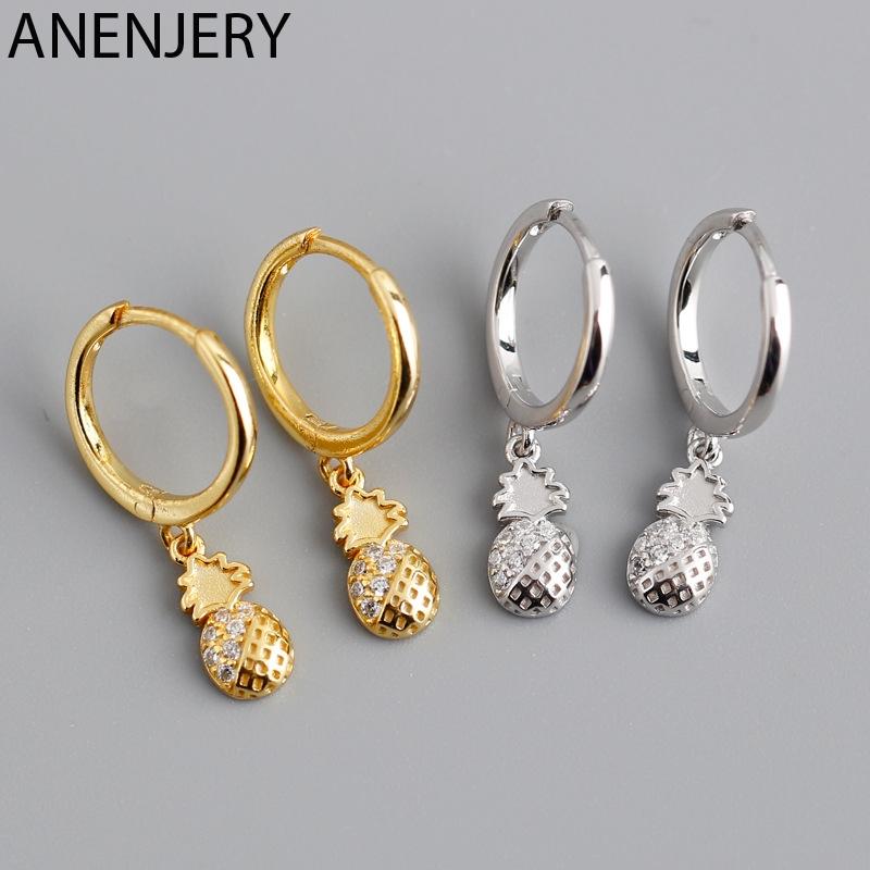 

Hoop & Huggie ANENJERY 925 Sterling Silver Fruit Pineapple Earrings For Women Round Circle Jewelry Gifts S-E1401