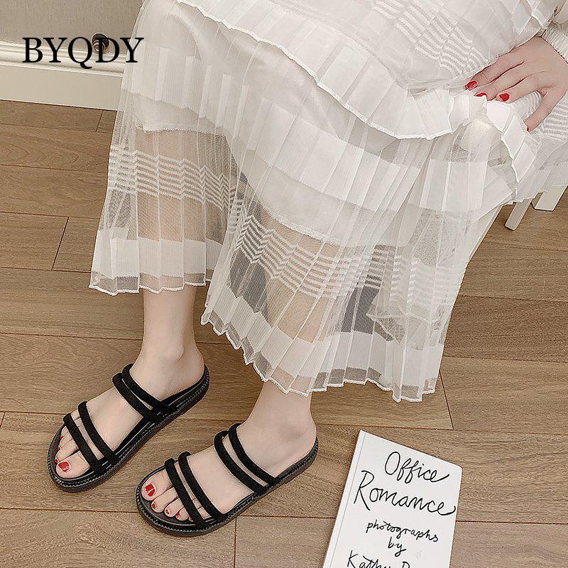 

BYQDY New Summer Shallow Leisure Flock Square Heel Woman Sandals Wear For Outside Gladiator Shoes Narrow Bands Ladies Sandals1, Black shoes