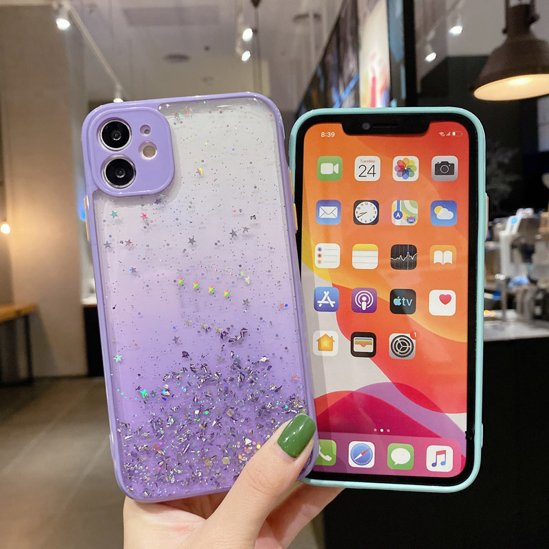 

Luxury Bling Foil Glitter Hard PC TPU Cases For Iphone 13 12 Mini 11 Pro Max XR XS X 8 7 6 Star Confetti Sequin Flake Clear Phone Back Cover, Mix colors/remark colors