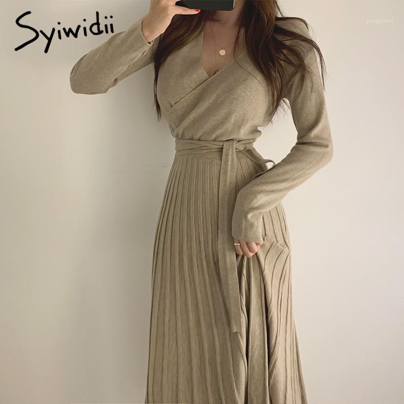 

syiwidii dress women winter V neck elegant with belt high waist long knit pleated dress A line black beige solid empire clothes1