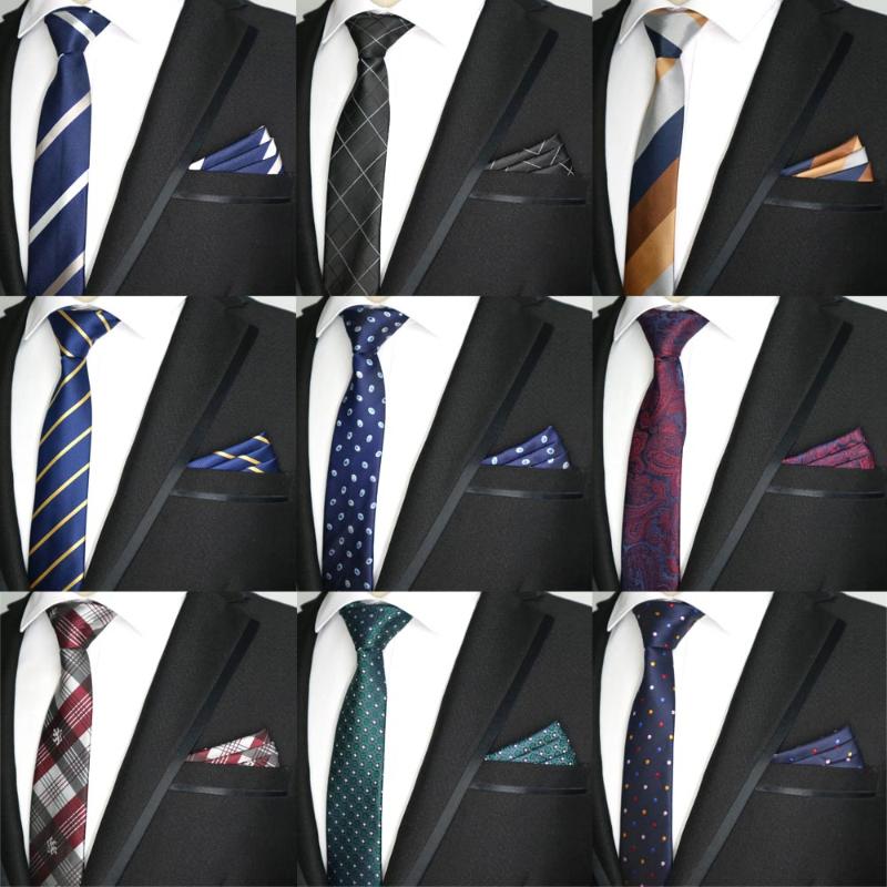 

27 Color 6CM Men Tie Set Skinny Polyester Silk Dots Stripe Paisley Design Slim Ties Pocket Square Sets Narrow Necktie Red Black
