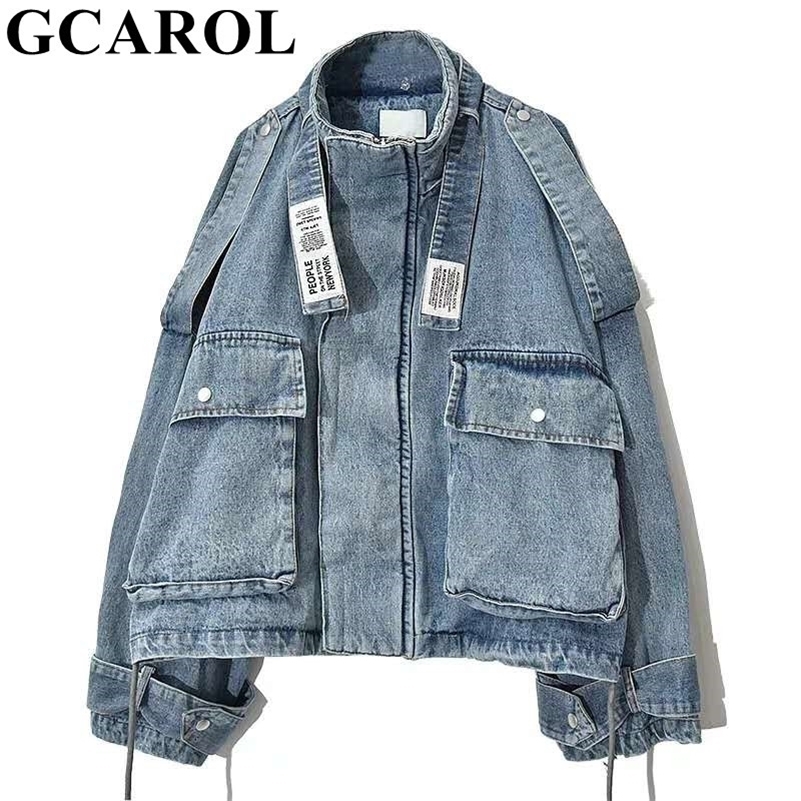 

GCAROL Women Denim Jacket Stand Collar Boyfriend Style Oversize Loose Coat Chic 2 Big Pockets High Quality Outfits For 4 Season 201112, Blue