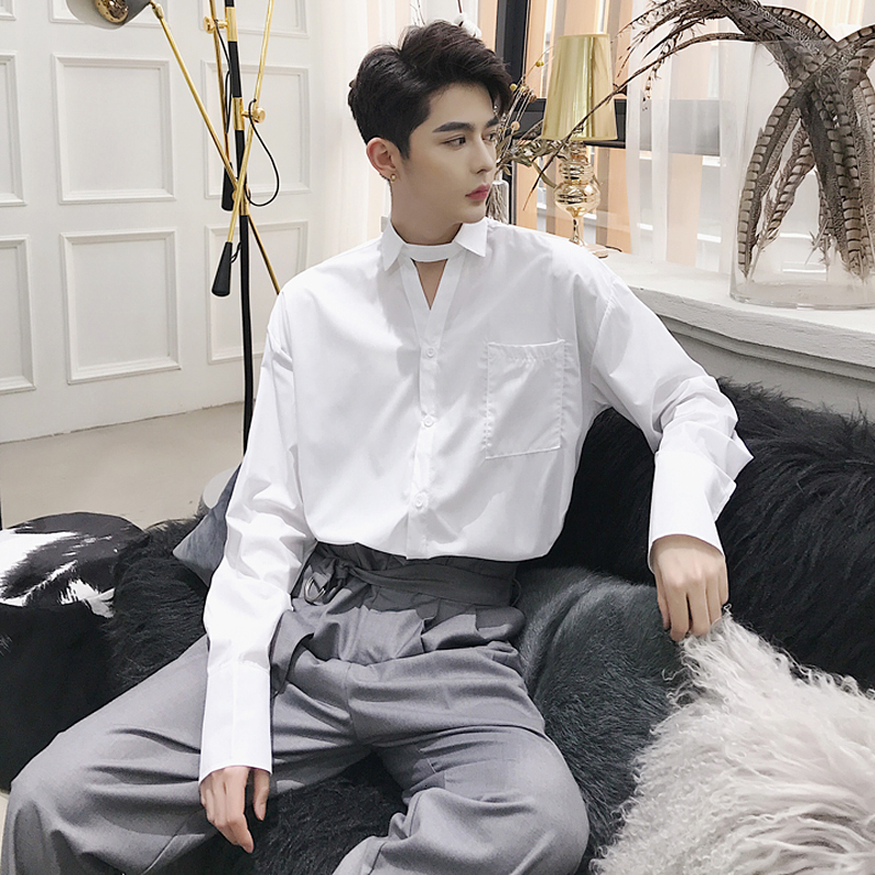

2021 S-!! Autumn Designer New Korean Version Alternative-neck v Trend Decoration of Long-sleeve Men's Shirts. COFB, White