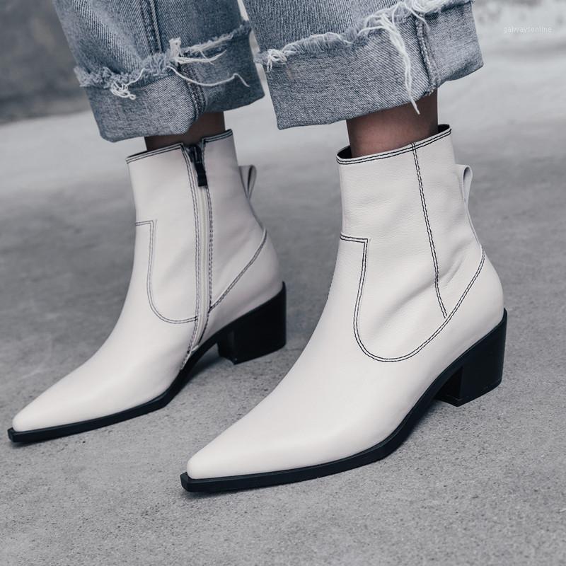 

2020 Winter Fashion Cowgirl Boots Women Shoes Western Cowboy Ankle Boots Pointed Toe Genuine Leather Black Shoes Woman Heel Boot1, White pu