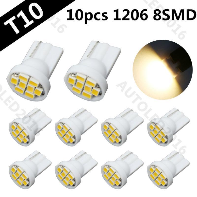 

10pcs T10 W5W LED 1206 SMD 8 LED Bulbs Warm White 168 192 Lamp Car Auto Interior Lighting Dome Map Trunk License Plate Lights1, As pic