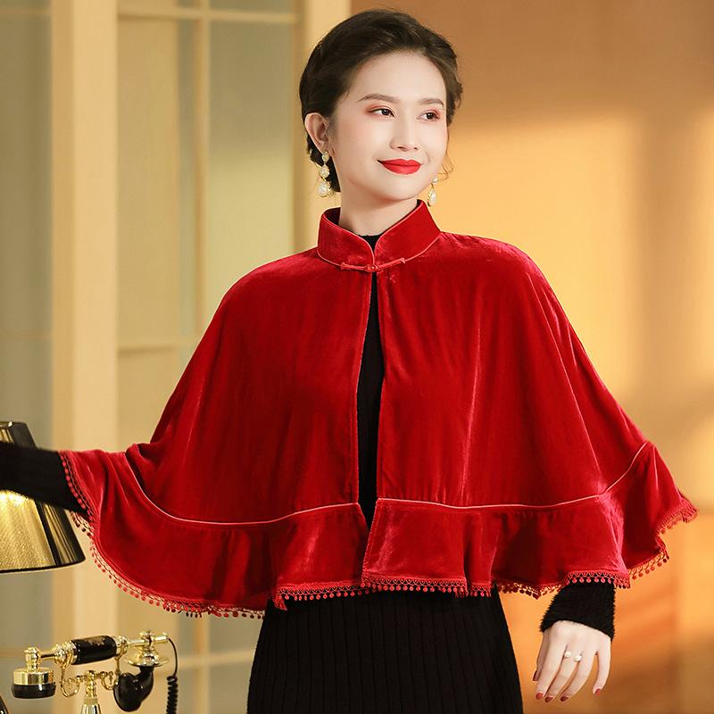 

Pure color velvet autumn and winter retro cloak women 2020 national wind stand-up collar cheongsam all-match shawl women multico