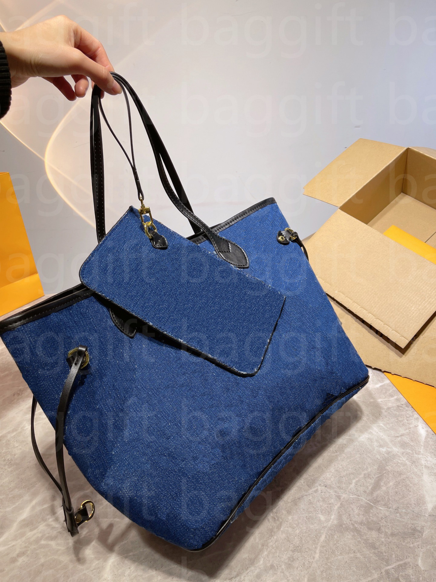 

Denim OnTheGo Nano Speedy 2pcs Tote Shoulder bags Lady wallet Blue white Washing Jacquard denims flowers printing handbag Women Retiro Purse city keepal Luggage, No bag;for balance