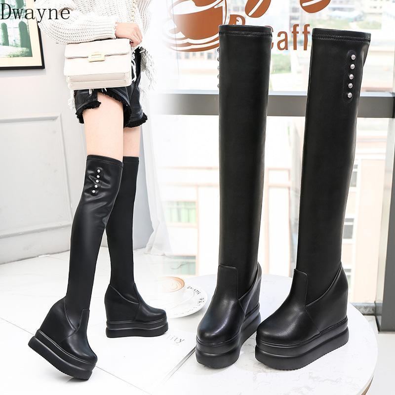 

Thick Bottom Within Increase Long Boots 13Cm Wedges Over-the-Knee Boots Personality Rivet Stretch High Sexy Women's1, Black