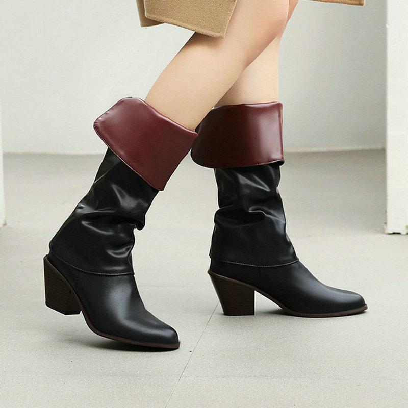 

2021 New Women Knee High Boots Faux Suede Fashion Pleated Ladies Western Boots Two Wear Women Short Plush Winter Shoes, Black