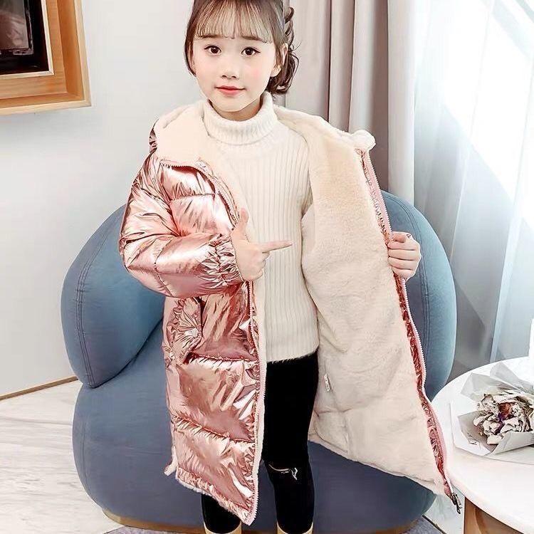 

Pink Gilding Fabric Glossy Long Jacket Winter for Girls Hooded Warm Glossy Down Cotton Boys Outerwear Children's Parkas Coats