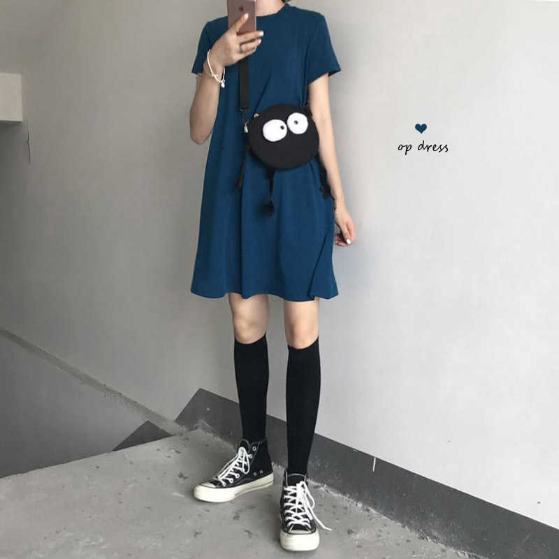 

2021 New summer basic casual dress falling thin feeling of medium length and high shirt dressed in short sleeve fashion 36F5, Dark gray.