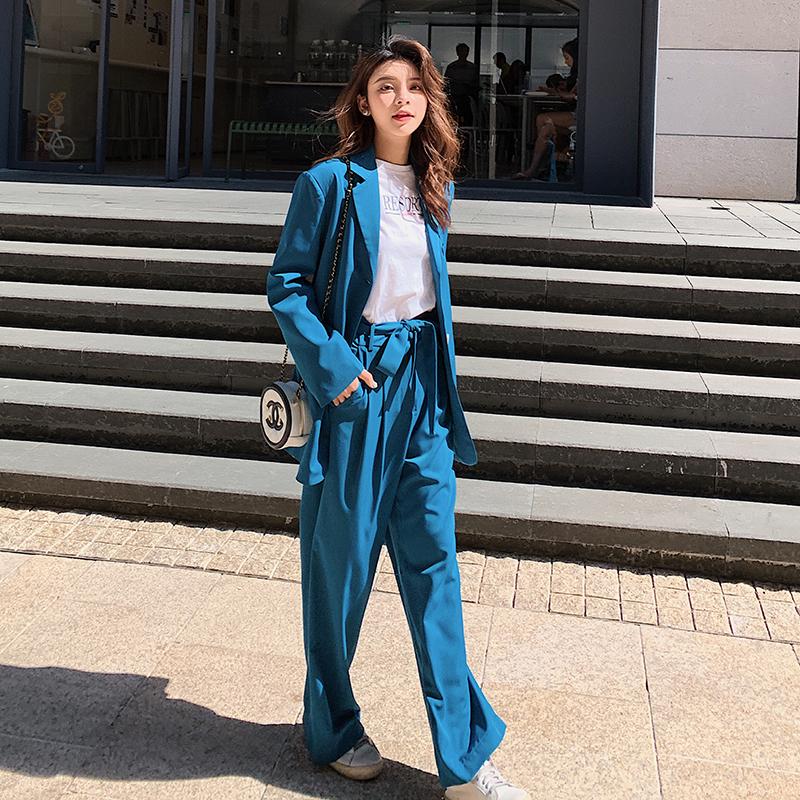 

2021 Spring Autumn Trouser Real Shot Retro Chic Style Waist Beltwo-Piece Suit Spring New Jacket + wide leg pants suit B30, Blue